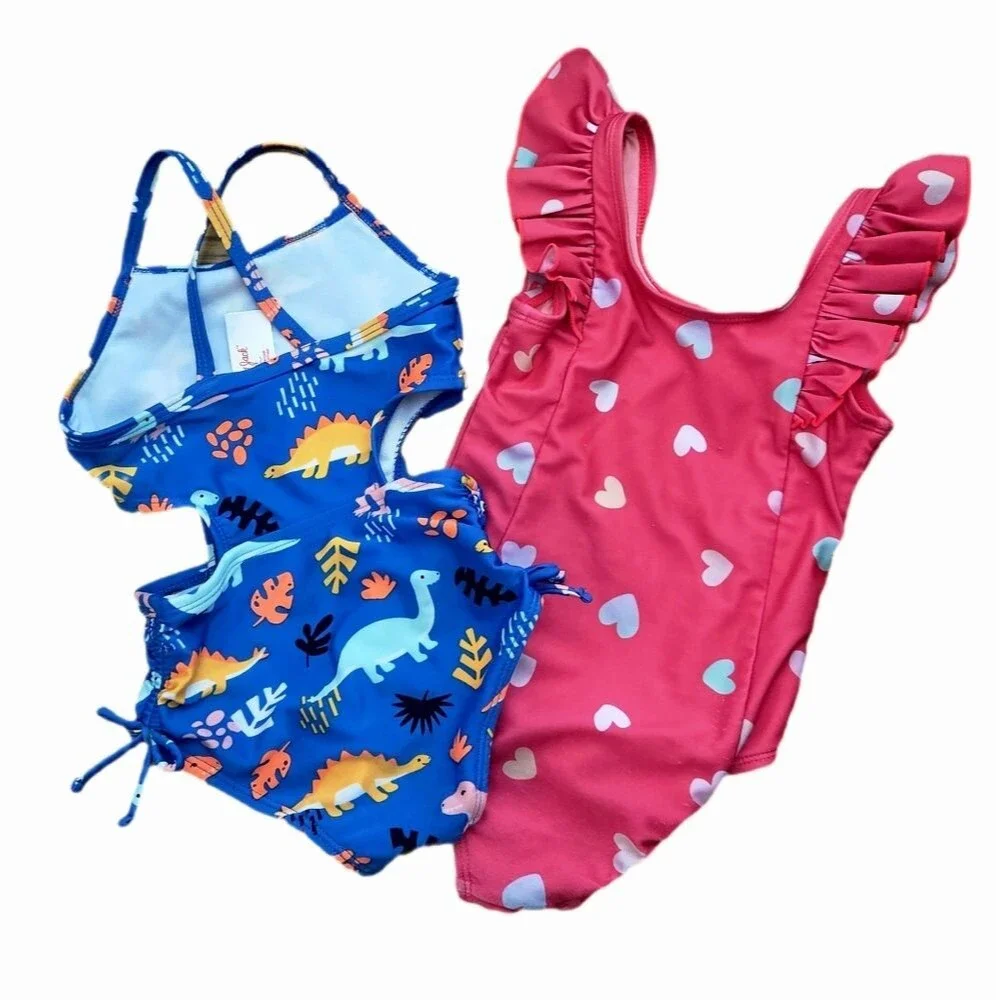 Cat & Jack Kids Blue Dinosaurs and Pink With Hearts Swimsuits